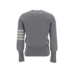 Back view of Thom Browne Virgin wool Sweater with iconic horizontal bands and ribbed cuffs