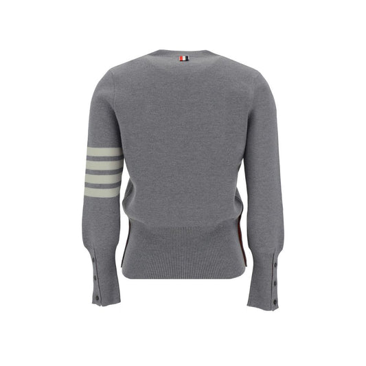 Back view of Thom Browne Virgin wool Sweater with iconic horizontal bands and ribbed cuffs