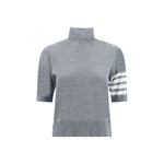 Thom Browne Turtleneck Sweater with ribbed short sleeves and iconic bands on left sleeve, featuring a monochrome pattern and contrasting hems.