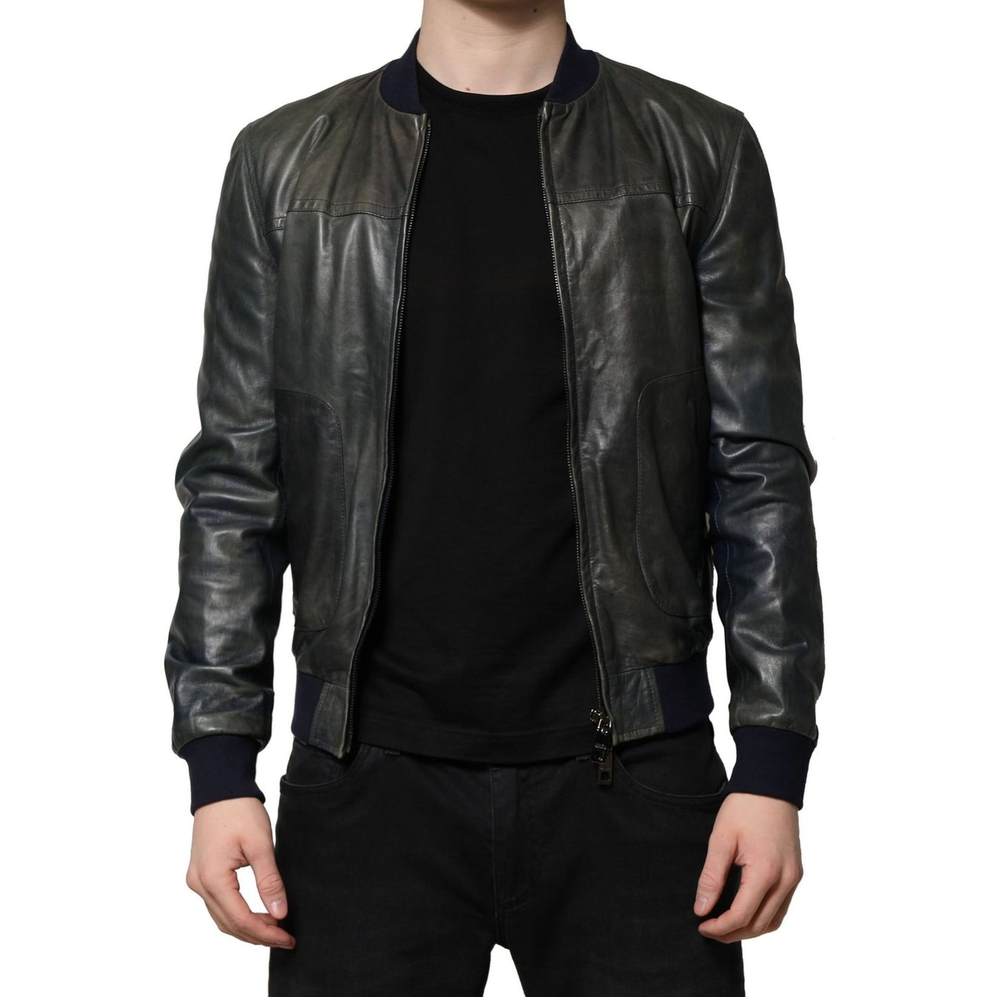 Dolce & Gabbana Black Lambskin Leather Biker Full Zip Jacket