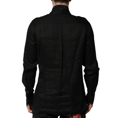 Dolce & Gabbana Black Polka Dot Linen Silk Men Casual Shirt