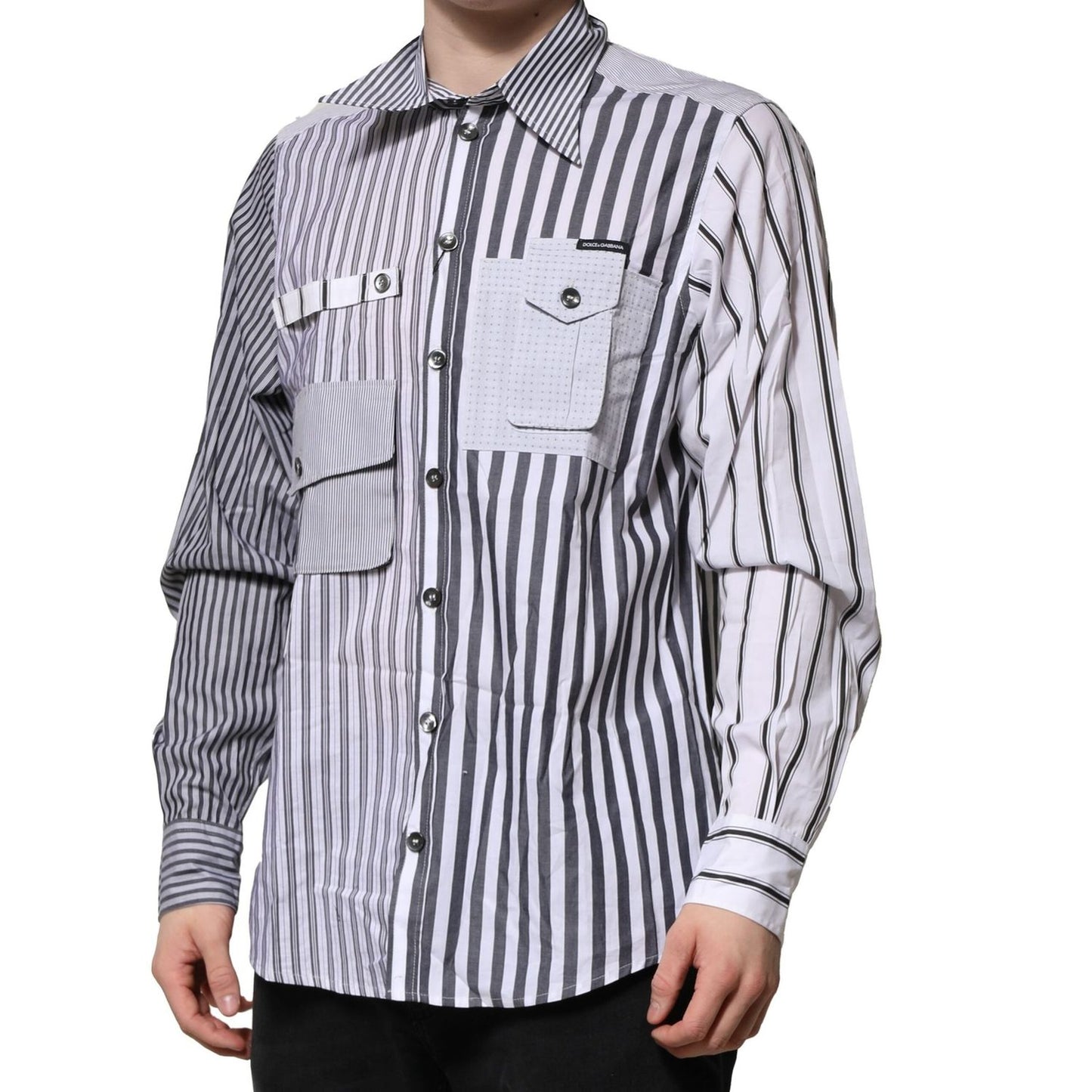 Dolce & Gabbana White Gray Striped Cotton Men Casual Shirt TSH906787-40