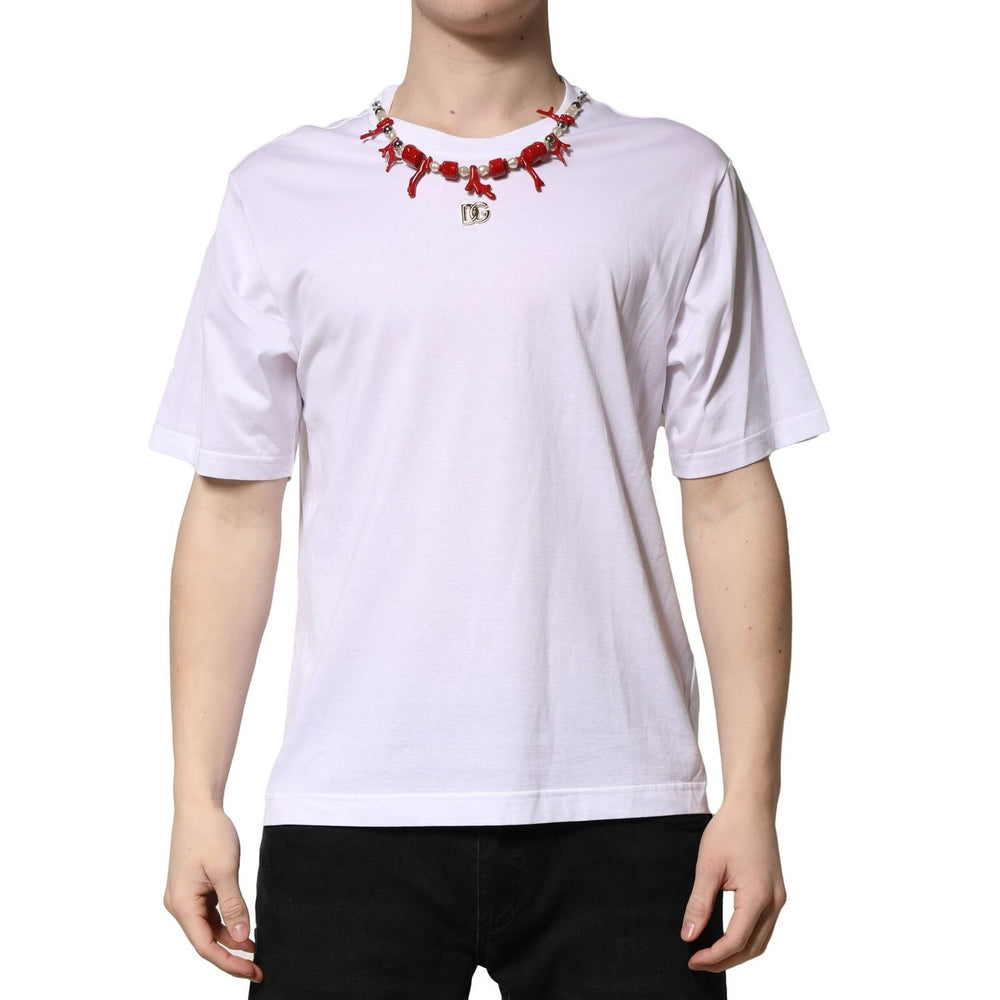 Dolce & Gabbana White Embellished Cotton Crew Neck T-shirt TSH90705-50