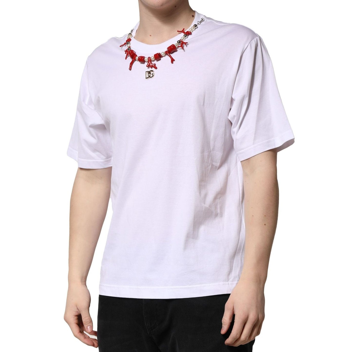 Dolce & Gabbana White Embellished Cotton Crew Neck T-shirt TSH90705-50