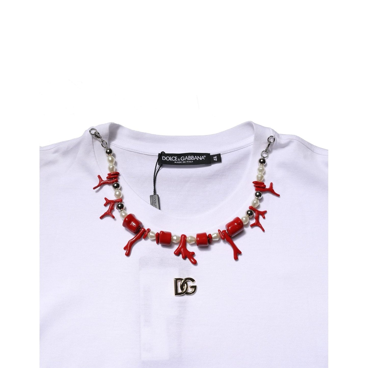 Dolce & Gabbana White Embellished Cotton Crew Neck T-shirt TSH90705-50