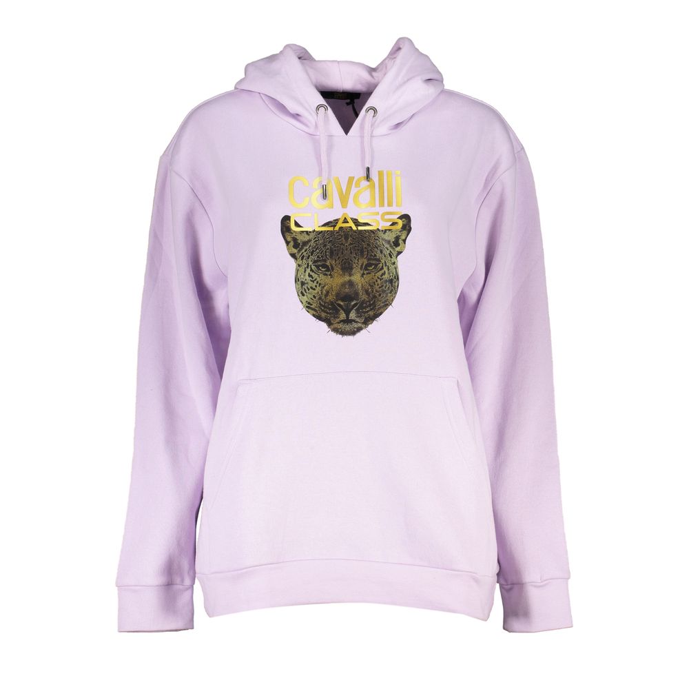 Cavalli Class Purple Cotton Women Sweater with bold Cavalli logo, luxurious fleece fabric, long sleeves, crafted in Italy.