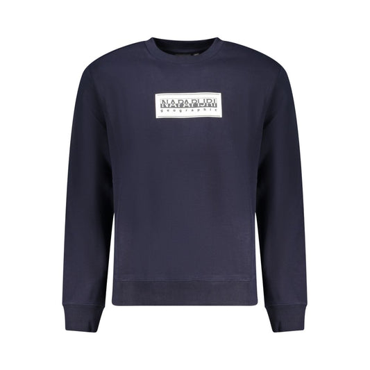 Napapijri Blue Cotton Men Sweater with bold logo print, long sleeves, relaxed fit, urban style; made of high-quality cotton and polyester.