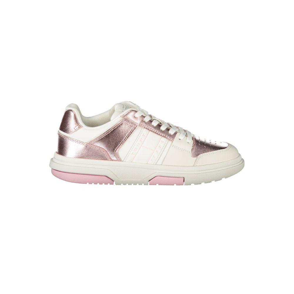 Tommy Hilfiger White Polyethylene Women Sneaker with pink accents and iconic logo, side view showcasing style and comfort.
