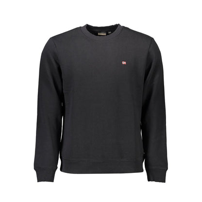 Napapijri Black Cotton Men Sweater with crew neck and embroidered logo for stylish comfort.