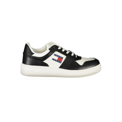 Tommy Hilfiger White Polyethylene Women Sneaker with contrasting black details and iconic logo, designed for comfort and style.