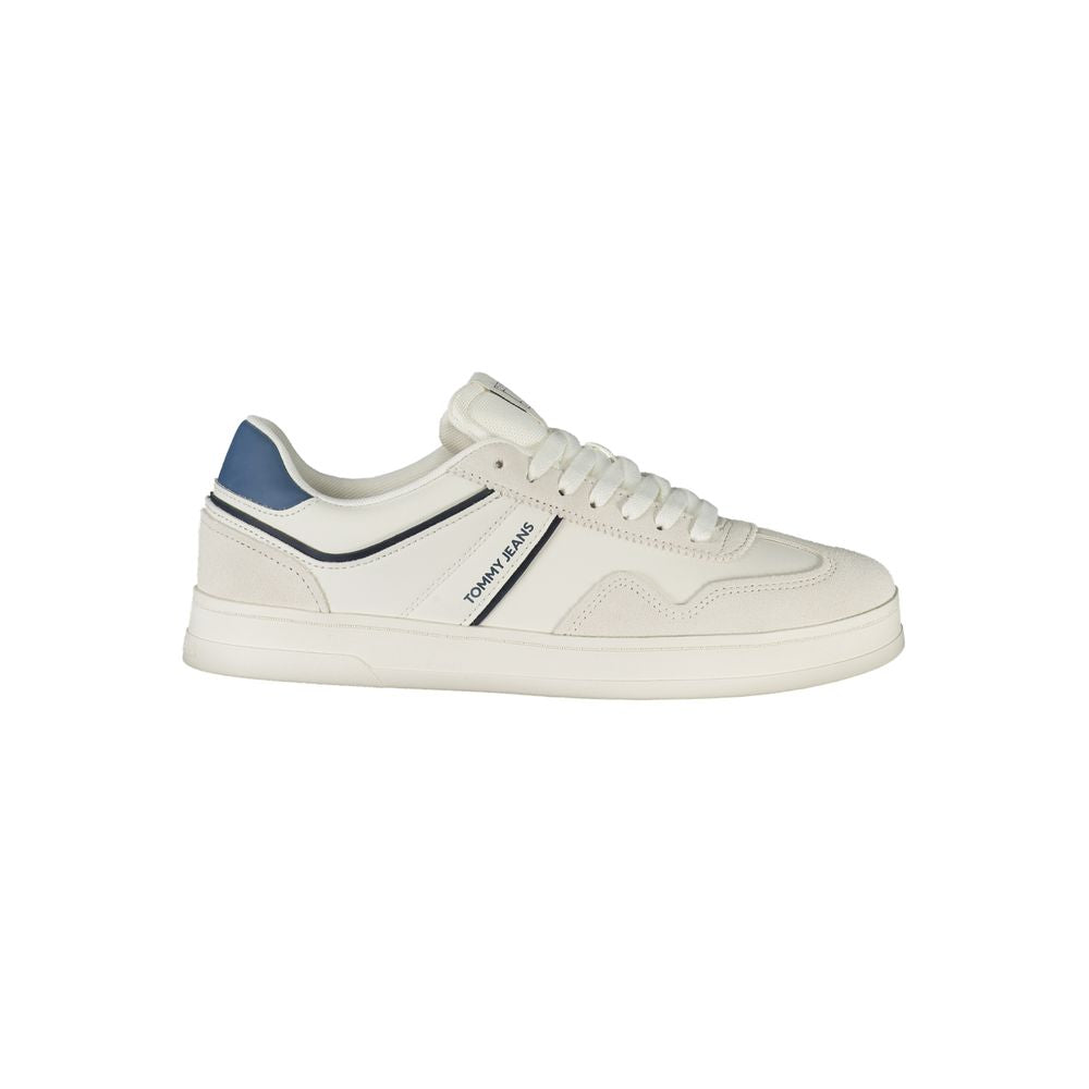 Tommy Hilfiger White Polyethylene Men Sneaker with contrasting blue details and iconic logo, offering sporty elegance and comfort.