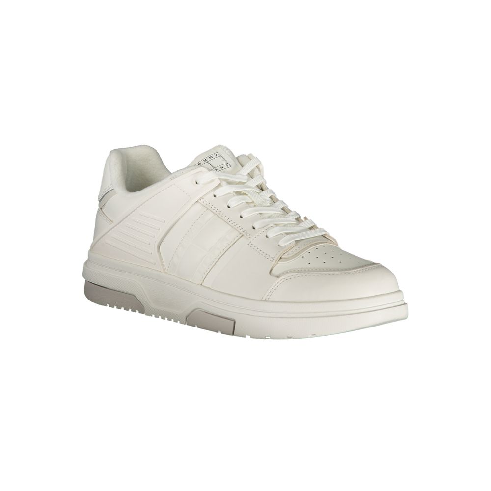 Tommy Hilfiger White Leather Men Sneaker with bold style and iconic logo, perfect for fashion-forward individuals.