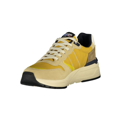 Blauer Beige Polyester Men Sneaker with mustard yellow accents and Blauer logo, stylish and comfortable design on white background.