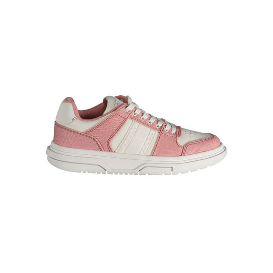 Tommy Hilfiger Pink Polyester Sneaker with laces, contrast details, and logo design. Sports footwear ideal for style and comfort.
