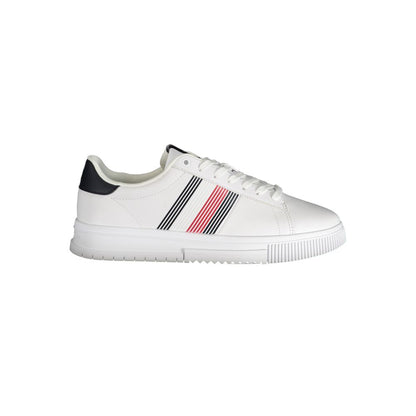Tommy Hilfiger White Polyester Sneaker with laces, contrast details, and logo, ideal sports footwear.