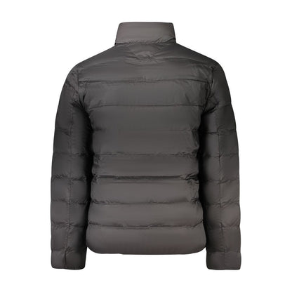 Tommy Hilfiger Black Polyamide Men Jacket, sustainable design with recycled nylon, back view, sleek and stylish for winter wear.