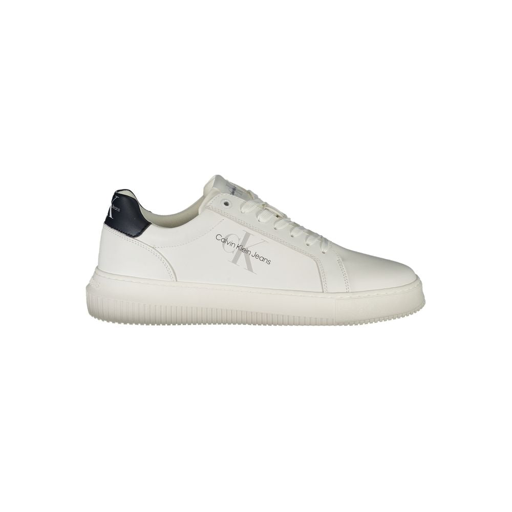 Calvin Klein White Leather Men Sneaker with black details and iconic logo, showcasing sustainable design and removable insole for comfort.