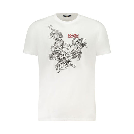 Cavalli Class White Cotton Men T-Shirt featuring bold print and iconic logo, perfect for modern trendsetters.