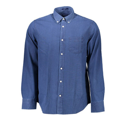 Gant Blue Cotton Men Shirt with long sleeves, button-down collar, chest pocket, and signature logo, ideal for office or upscale casual wear.