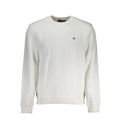 Napapijri White Cotton Men Sweater with embroidered logo, long sleeves, and crew neck design. Regular fit for casual style and comfort.