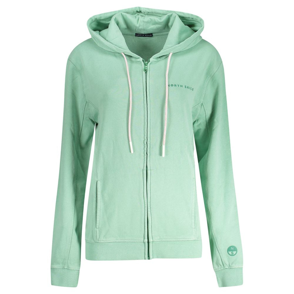 North Sails Green Cotton Women Sweater with hood and zip, featuring logo and pockets, perfect for casual style and comfort.