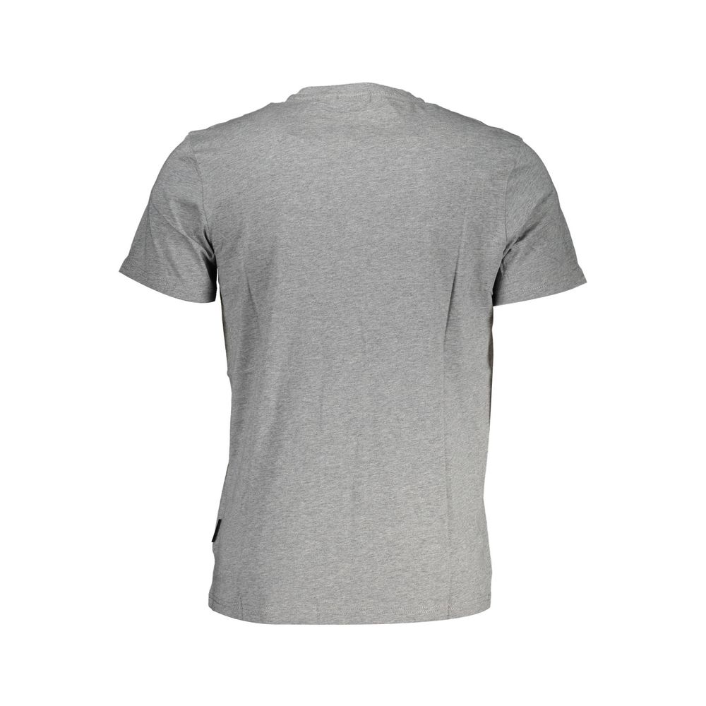 Rear view of grey cotton men's T-shirt displaying simple back design.