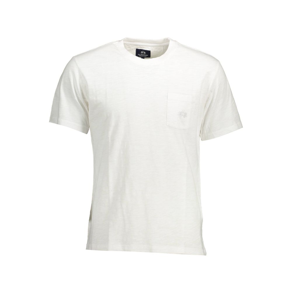 La Martina White Cotton Men T-Shirt with embroidery and pocket detail. Comfortable and stylish short sleeve, ideal for casual wear.