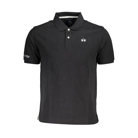 La Martina Black Cotton Men Polo Shirt with embroidery and two-button placket, short-sleeve, classic sophistication.