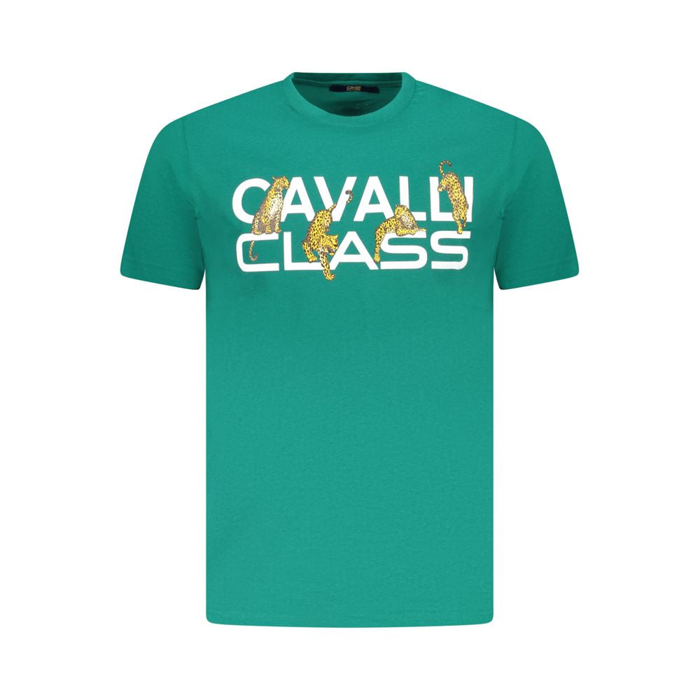 Cavalli Class Green Cotton Men T-Shirt with distinctive print and logo, features vibrant color and luxurious comfort.