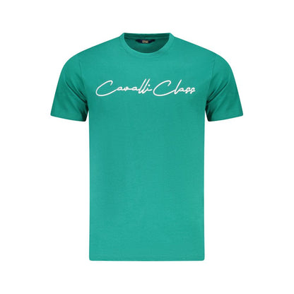 Cavalli Class Green Cotton Men T-Shirt with signature print and logo, bold crew neck design in vibrant green for a luxury fashion statement.