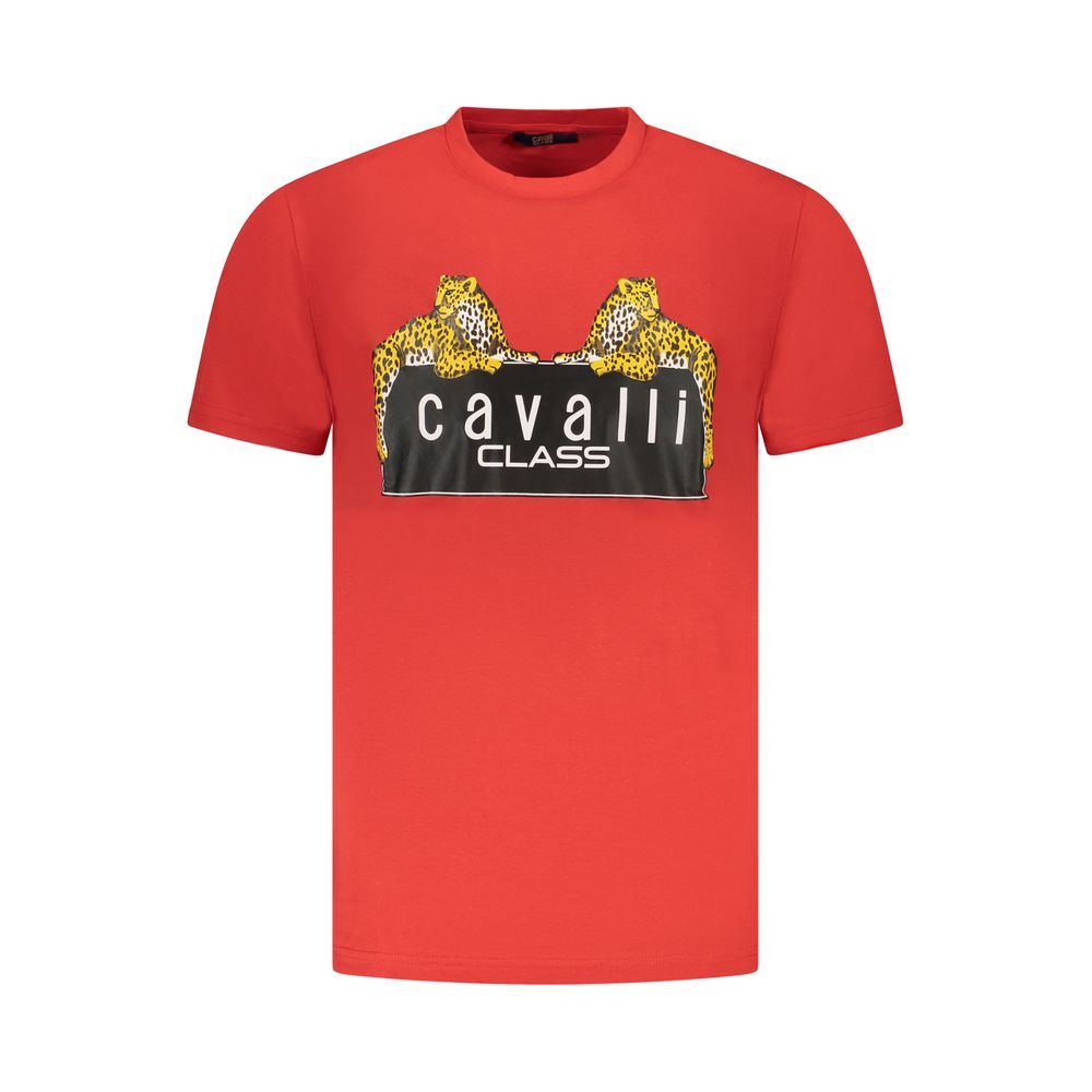 Cavalli Class Red Cotton Men T-Shirt with iconic logo and leopard print, short-sleeve crew neck showcasing luxury fashion.