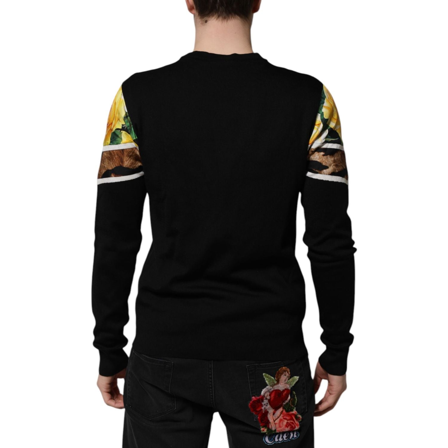 Dolce & Gabbana Black Silk Floral Crew Neck Pullover Sweater