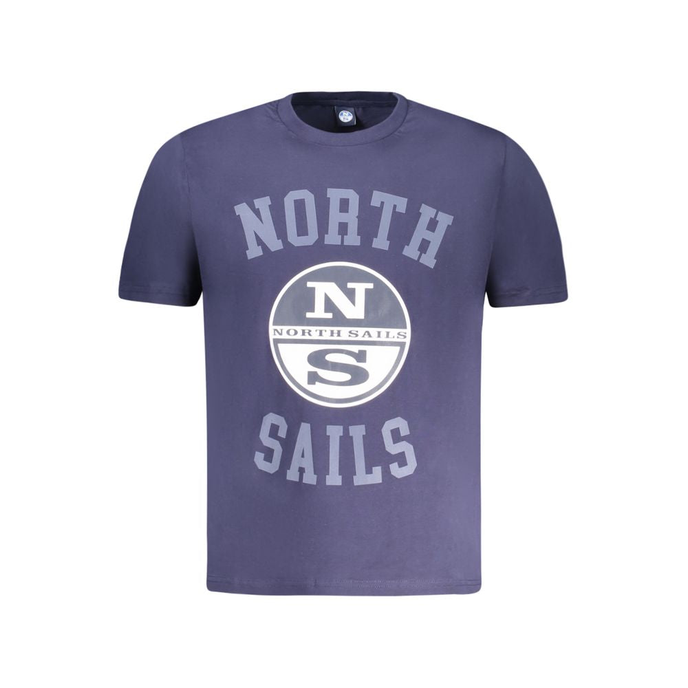 North Sails Blue Cotton Men T-Shirt featuring bold logo print, crew-neck and short sleeves, crafted from 100% cotton for comfort and style.