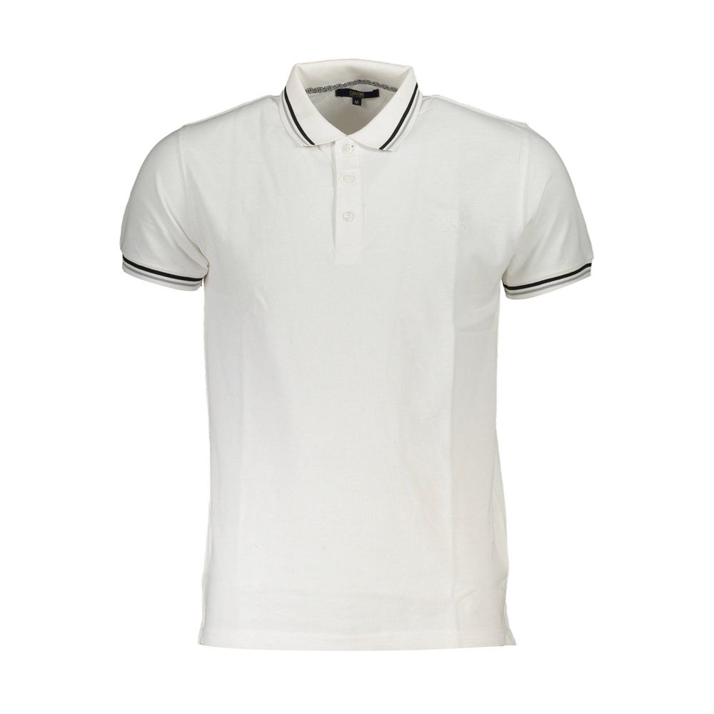 Cavalli Class White Cotton Men Polo Shirt with short sleeves and contrasting details, featuring signature embroidery for a classy look.