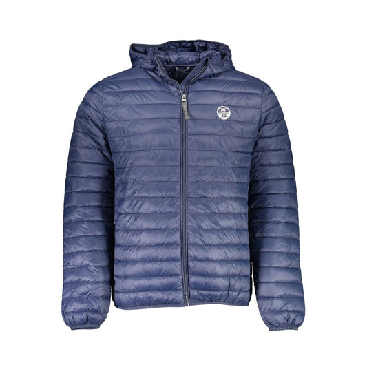 North Sails Blue Polyamide Men Jacket with hood, showcasing zip closure and logo emblem, perfect for stylish and practical outerwear.