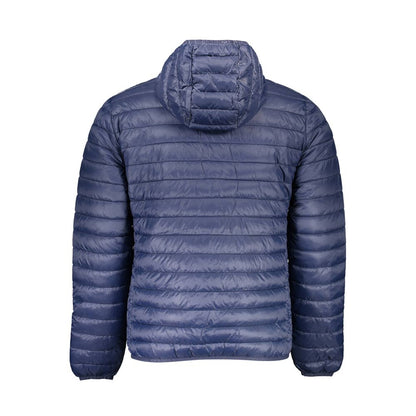 Back view of North Sails Blue Polyamide Men Jacket with hood, showcasing durable and stylish outerwear design.