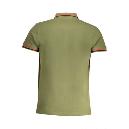 Cavalli Class Green Cotton Polo Shirt, short sleeved, 3 buttons, contrast details, embroidery, and logo showcased at the back.