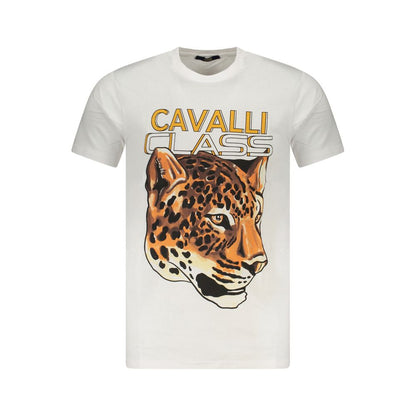 Cavalli Class White Cotton Men T-Shirt with leopard print and logo, stylish and contemporary design for fashion-forward individuals.