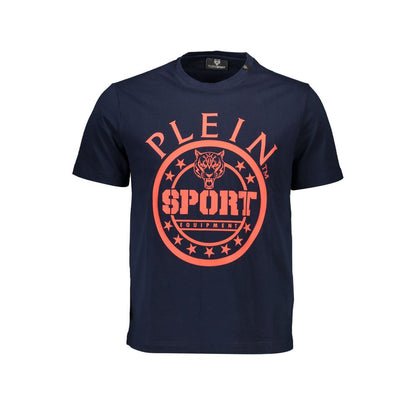 Plein Sport Blue Cotton Men T-Shirt with bold logo, crafted from premium cotton for modern trendsetters. Eye-catching design and high-end style.