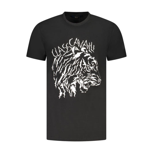 Cavalli Class Black Cotton Men T-Shirt with bold print and logo, high-end streetwear style, crafted for comfort and luxury appeal.
