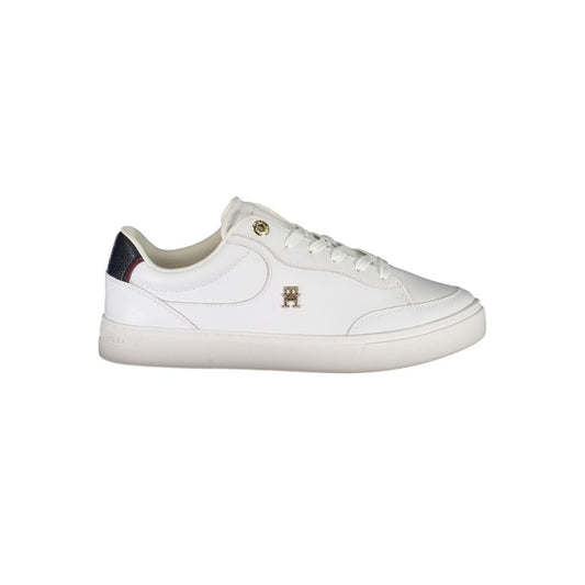 Tommy Hilfiger White Leather Women Sneaker with blue accents and logo, featuring a classic lace-up design for style and comfort.