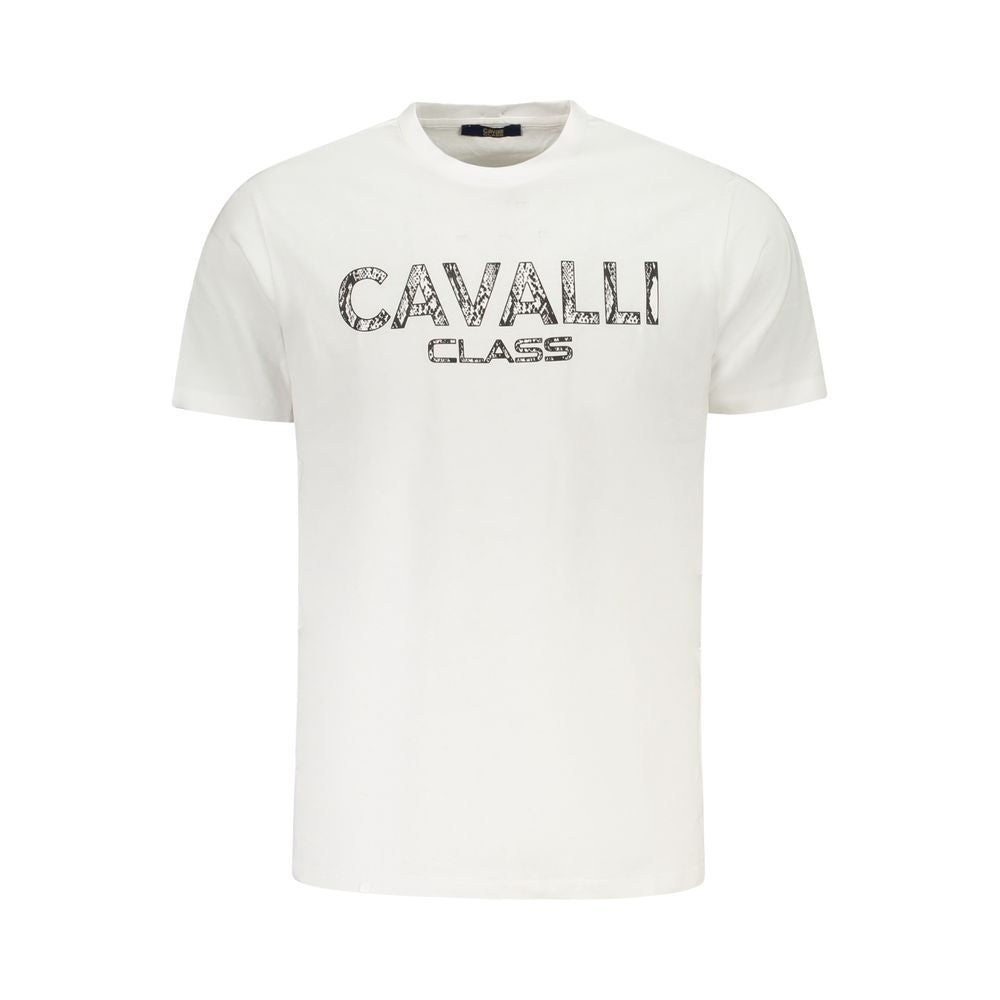Cavalli Class White Cotton Men T-Shirt featuring bold print and iconic logo