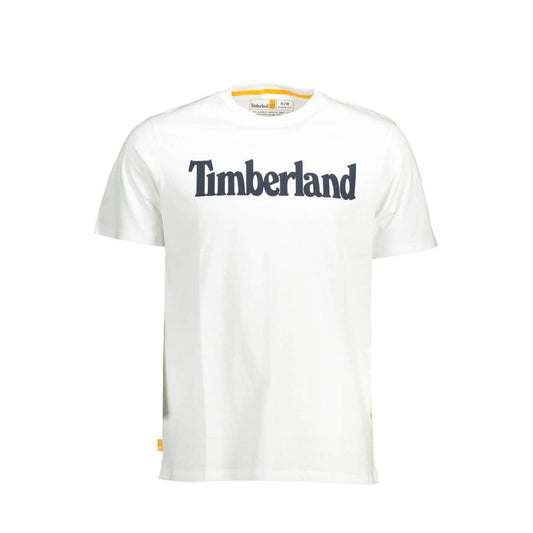 Timberland White Cotton Men T-Shirt with logo, short sleeves and crew neck, made from 100% organic cotton, ideal for sustainable fashion.