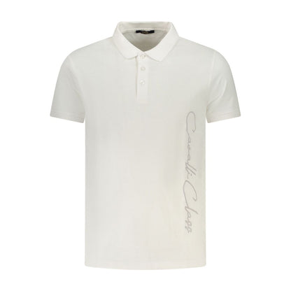 Cavalli Class White Cotton Men Polo Shirt with logo detail, short sleeves, and three-button design, showcasing timeless and modern style.
