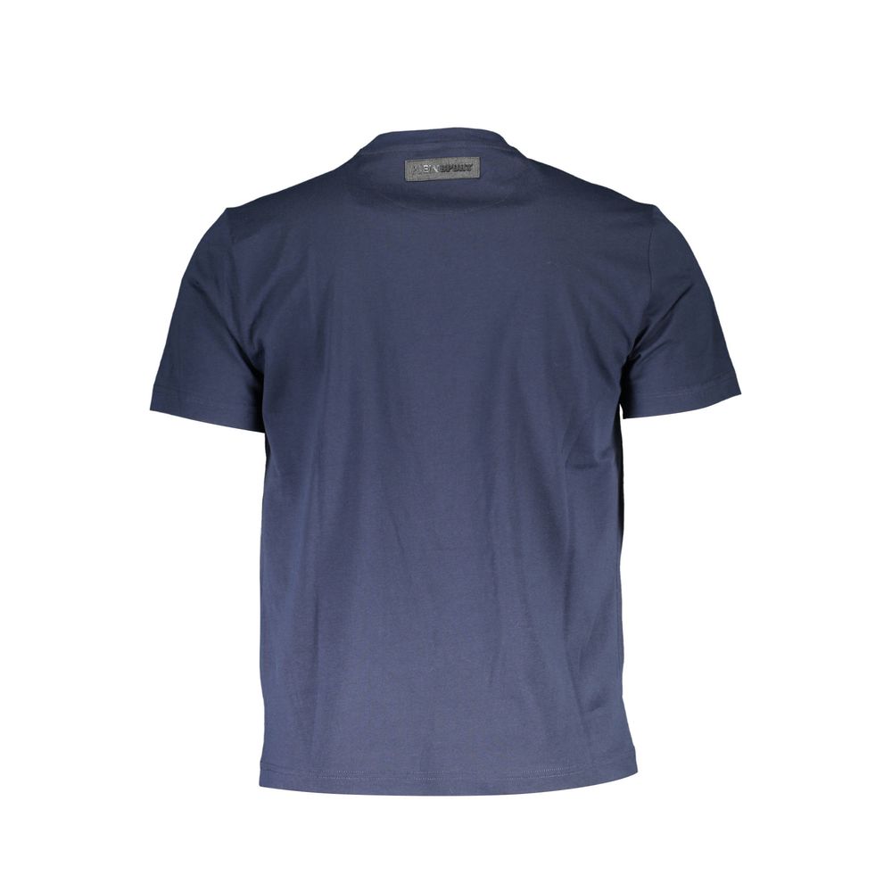 Plein Sport Blue Cotton Men T-Shirt, back view showcasing short sleeves and bold logo print, crafted for style and comfort in pure cotton.