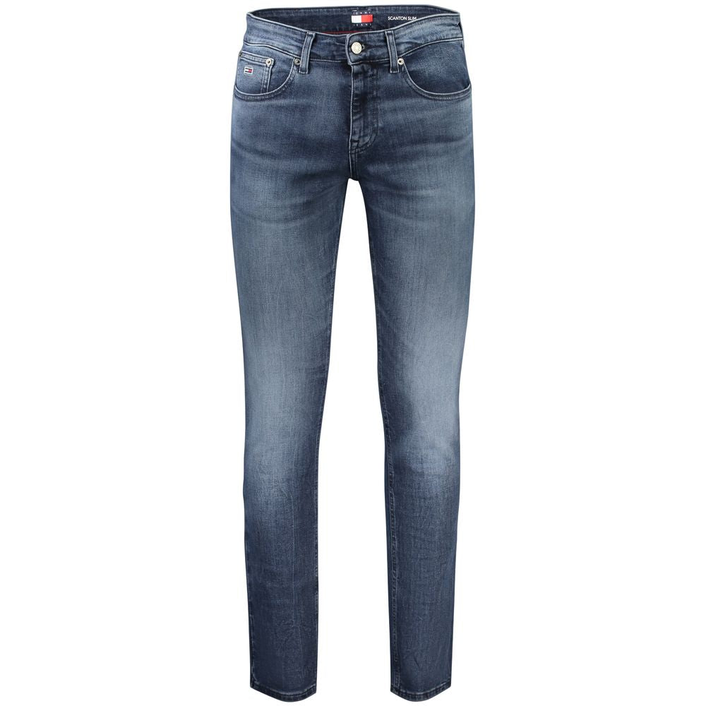 Tommy Hilfiger Blue Cotton Men Jeans with washed effect, classic style, and iconic logo embroidery. Durable slim-fit design for men.