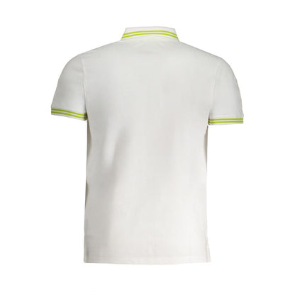 Back view of Cavalli Class White Cotton Polo Shirt with contrast details and embroidery, showcasing short sleeves and 3-button design.