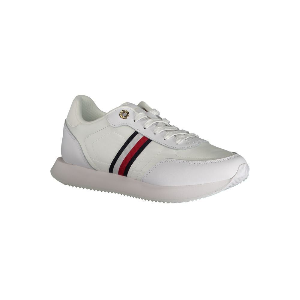 Tommy Hilfiger White Polyester Sneaker with laces and logo, featuring contrast details, sports footwear design.