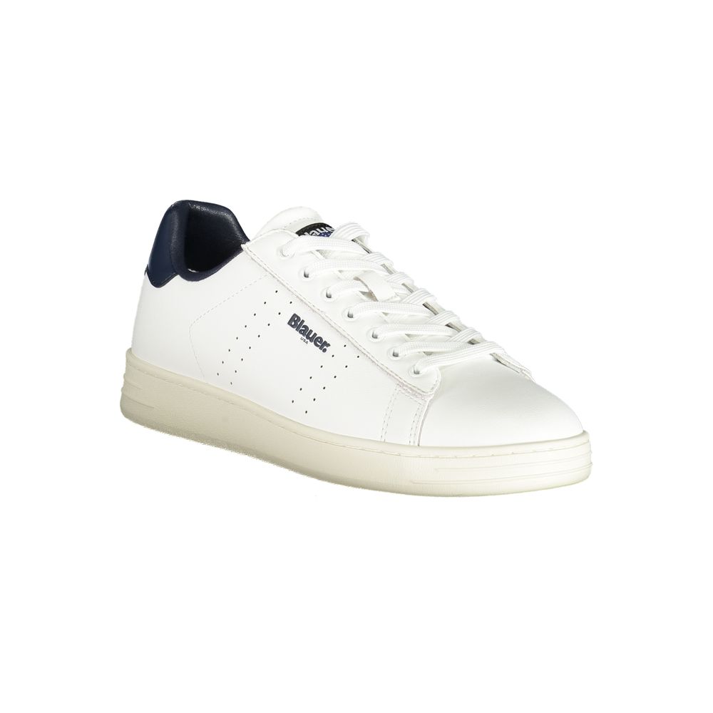 Blauer White Leather Men Sneaker with blue accents and logo, featuring a removable insole for comfort and style.
