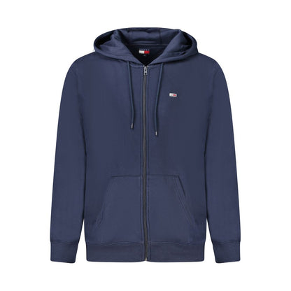 Tommy Hilfiger Blue Cotton Men Sweater with zip and hood, featuring embroidered logo and pockets for stylish casual wear.